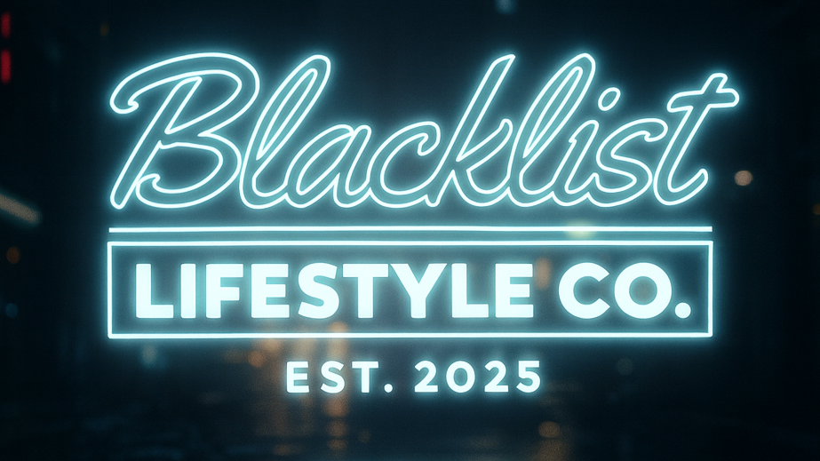 Neon sign for Blacklist Lifestyle Co. on a dark background